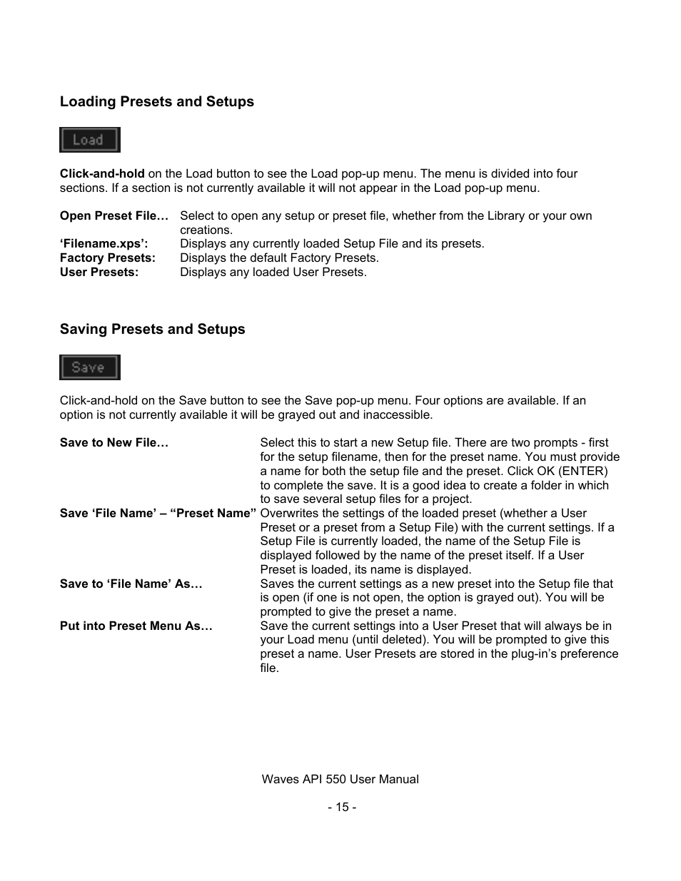 Loading presets and setups, Saving presets and setups | Waves API 550 User Manual | Page 15 / 20