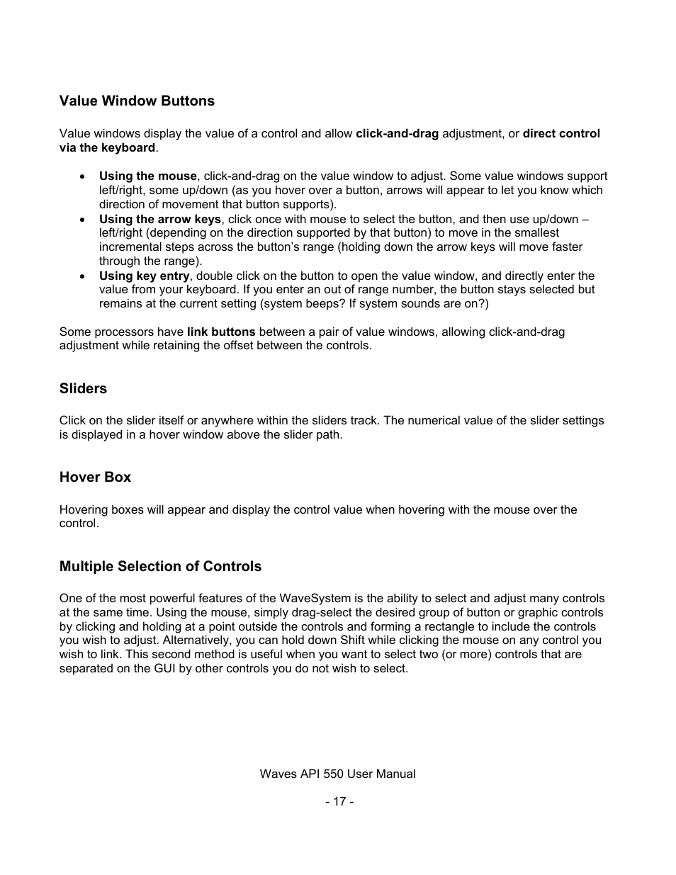 Value window buttons, Sliders, Hover box | Multiple selection of controls | Waves API 550 User Manual | Page 17 / 20