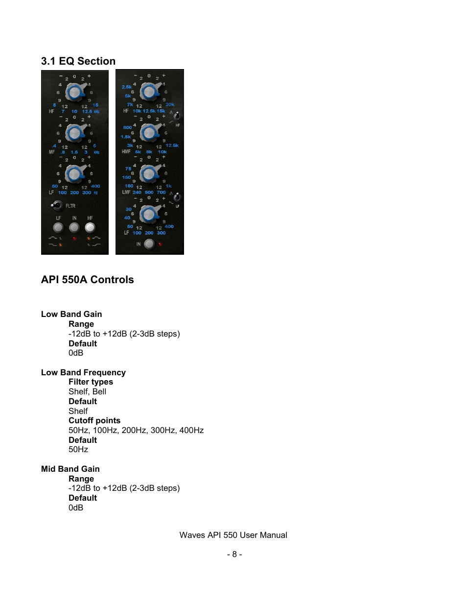 1 eq section, Api 550a controls, Ection | Waves API 550 User Manual | Page 8 / 20