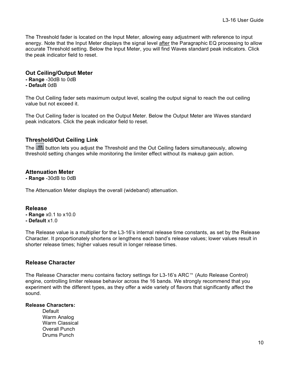 Out ceiling/output meter, Threshold/out ceiling link, Attenuation meter | Release, Release character | Waves Multimaximizer L3-16 User Manual | Page 10 / 23