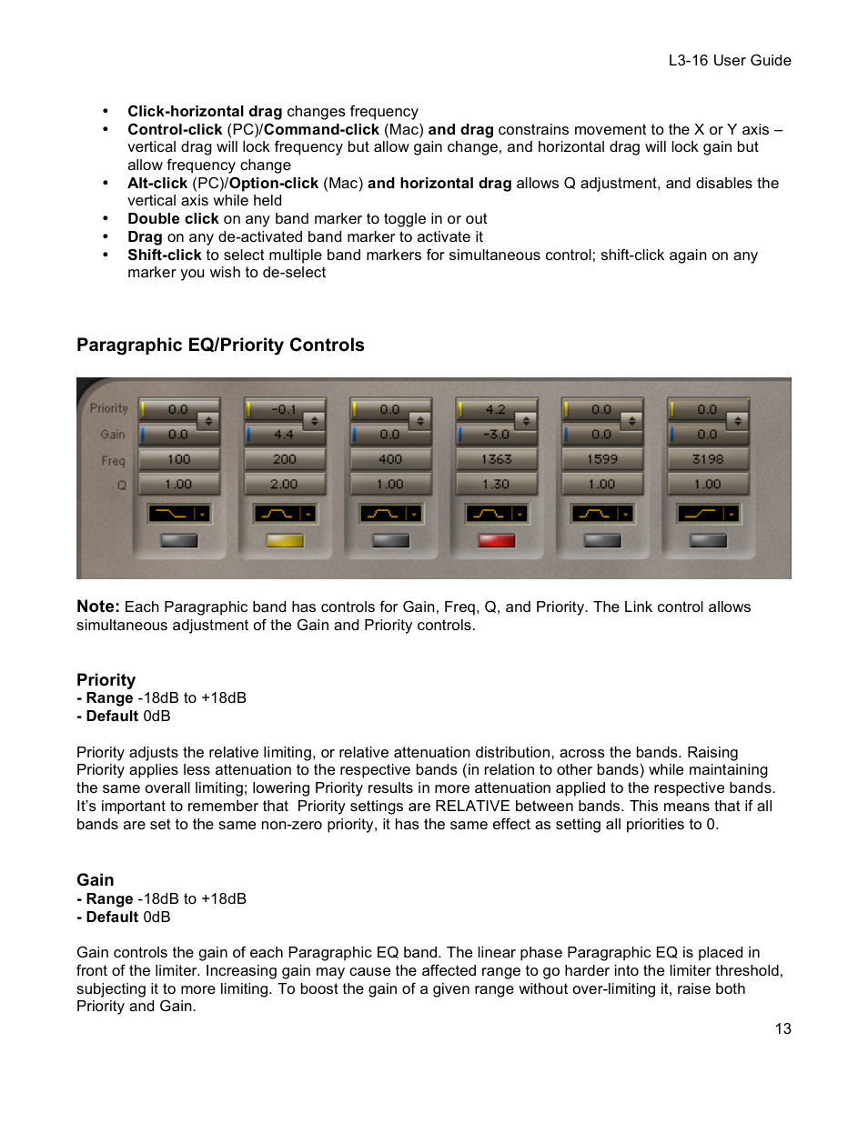 Paragraphic eq/priority controls, Priority, Gain | Waves Multimaximizer L3-16 User Manual | Page 13 / 23