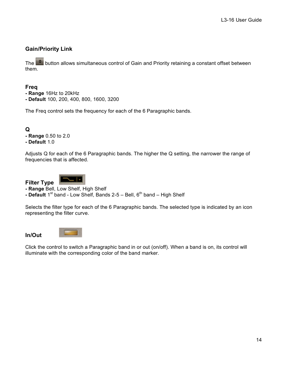 Gain/priority link, Freq, Filter type | In/out | Waves Multimaximizer L3-16 User Manual | Page 14 / 23