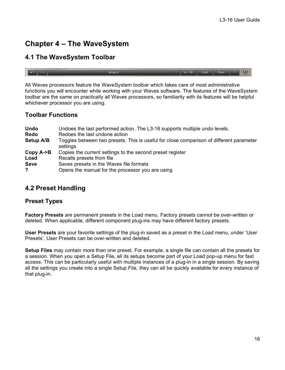 Chapter 4 – the wavesystem, 1 the wavesystem toolbar, Toolbar functions | 2 preset handling, Preset types | Waves Multimaximizer L3-16 User Manual | Page 16 / 23