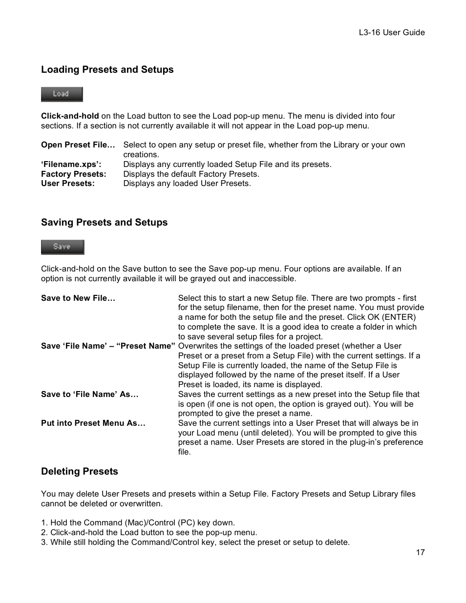 Loading presets and setups, Saving presets and setups, Deleting presets | Waves Multimaximizer L3-16 User Manual | Page 17 / 23