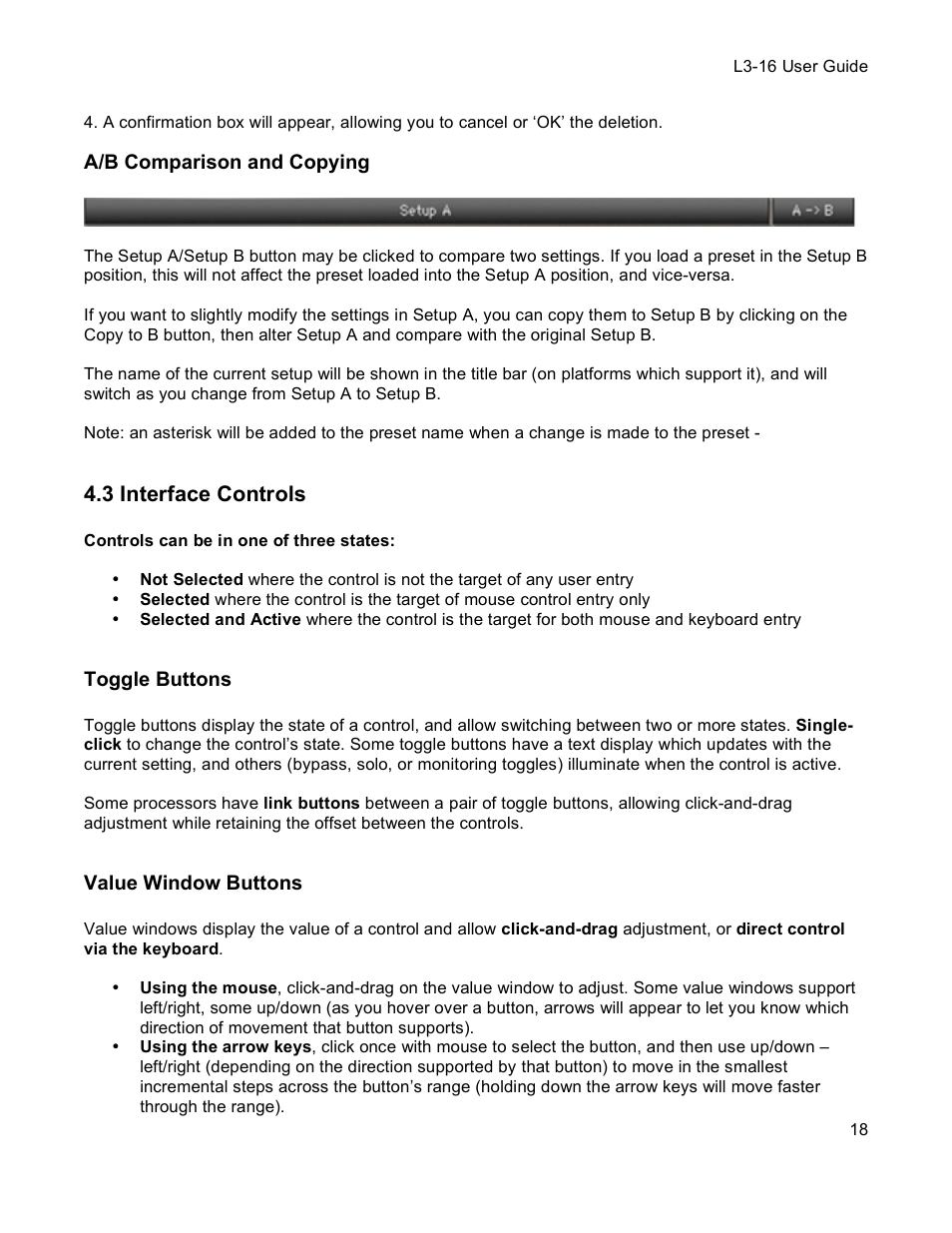 A/b comparison and copying, 3 interface controls, Toggle buttons | Value window buttons | Waves Multimaximizer L3-16 User Manual | Page 18 / 23