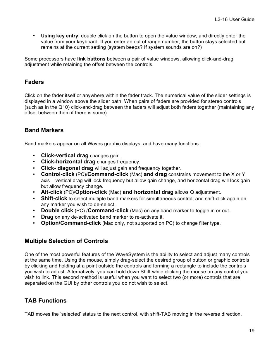 Faders, Band markers, Multiple selection of controls | Tab functions | Waves Multimaximizer L3-16 User Manual | Page 19 / 23