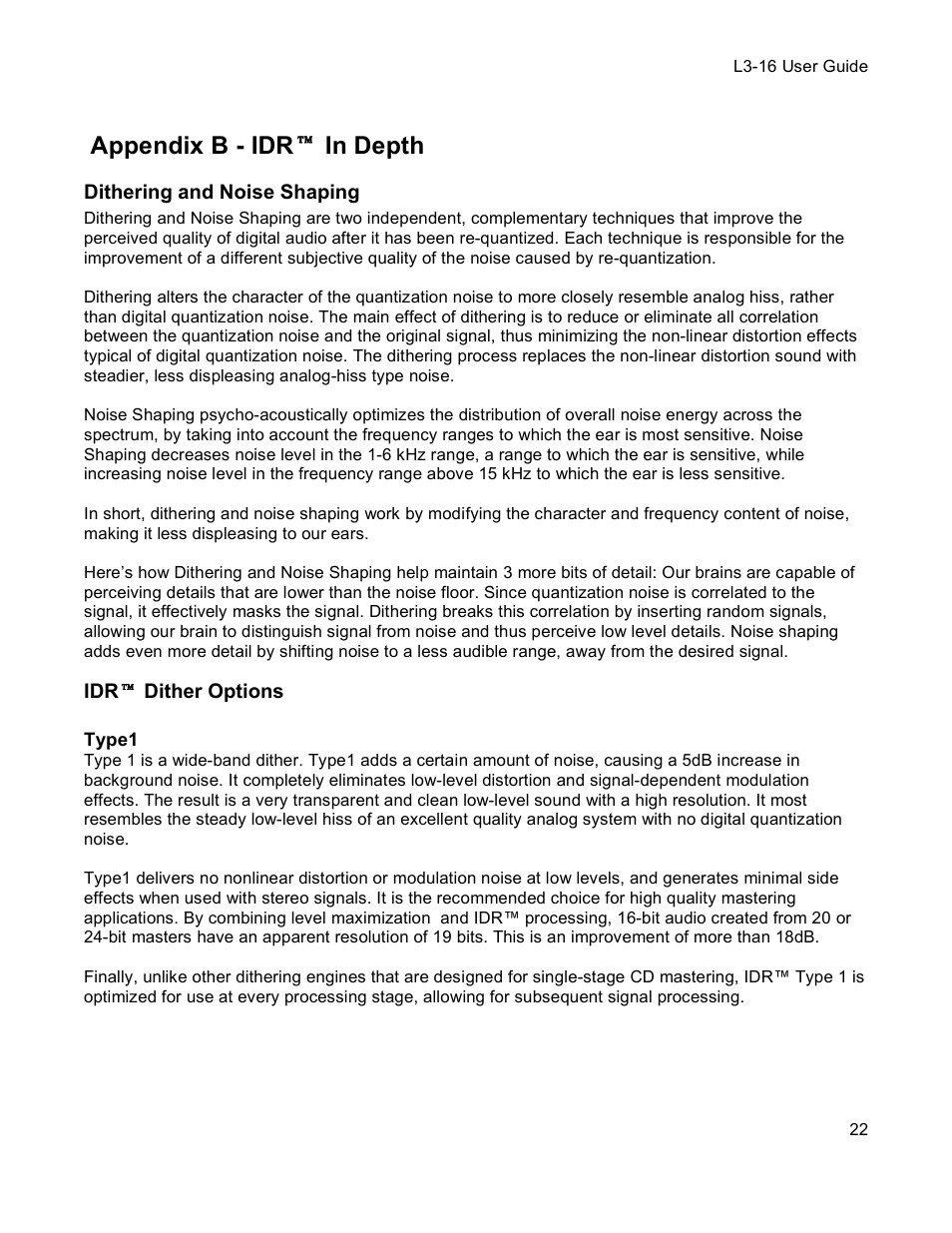 Appendix b - idr in depth, Dithering and noise shaping, Idr dither options | Appendix b - idr  in depth | Waves Multimaximizer L3-16 User Manual | Page 22 / 23