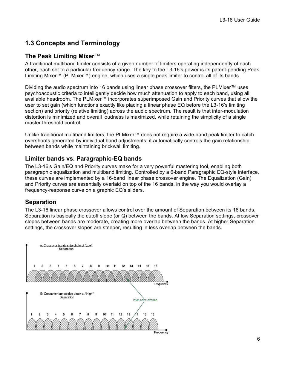 3 concepts and terminology, The peak limiting mixer, Limiter bands vs. paragraphic-eq bands | Separation | Waves Multimaximizer L3-16 User Manual | Page 6 / 23