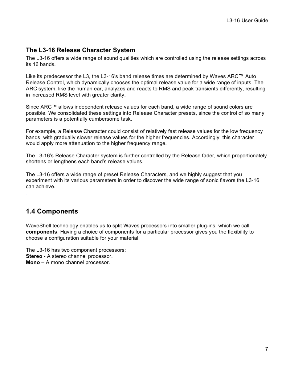 The l3-16 release character system, 4 components | Waves Multimaximizer L3-16 User Manual | Page 7 / 23