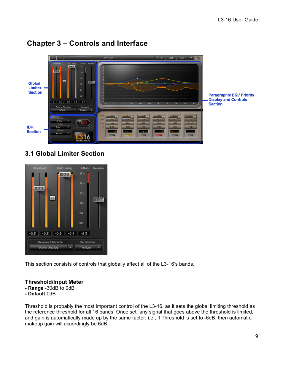 Chapter 3 – controls and interface, 1 global limiter section, Threshold/input meter | Waves Multimaximizer L3-16 User Manual | Page 9 / 23