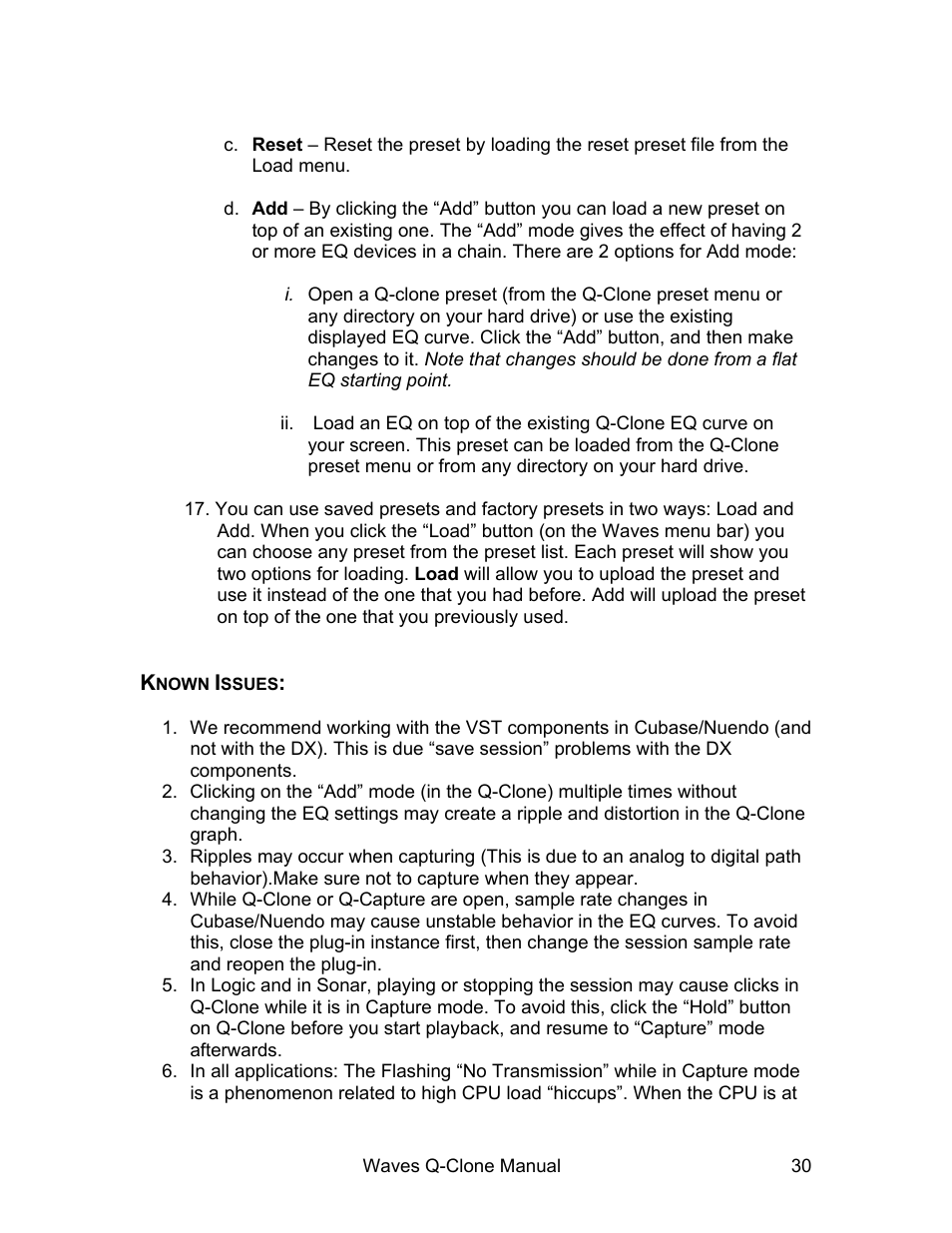 Known issues | Waves EQ Sampling System Q-Clone User Manual | Page 30 / 34