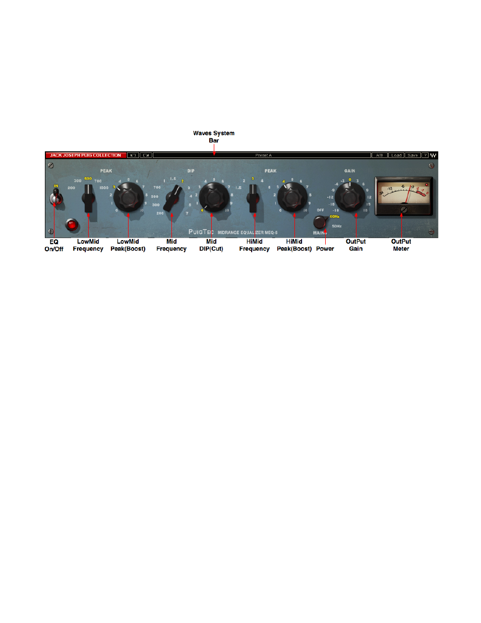 Chapter 3 – interface and controls, 1 puigtec meq-5 interface, 2 puigtec meq-5 controls | Meq-5, Nterface, Ontrols | Waves PuigTec MEQ-5 User Manual | Page 9 / 16