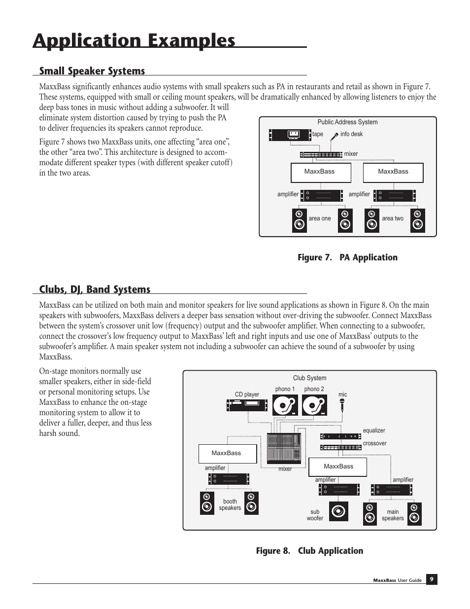 Application examples, Small speaker systems, Clubs, dj, band systems | Figure 7. pa application, Figure 8. club application | Waves MaxxBass 102 User Manual | Page 13 / 18