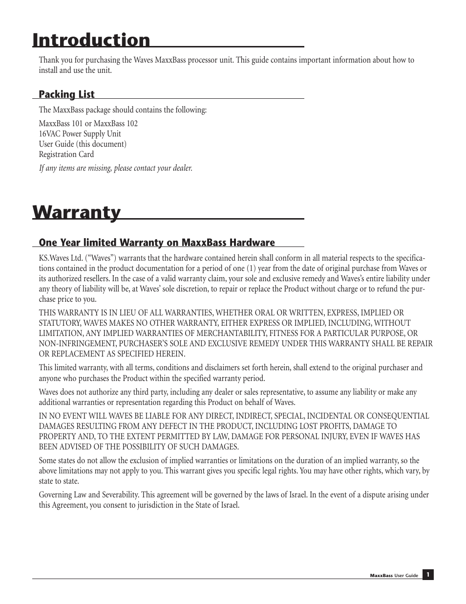 Introduction, Warranty | Waves MaxxBass 102 User Manual | Page 5 / 18