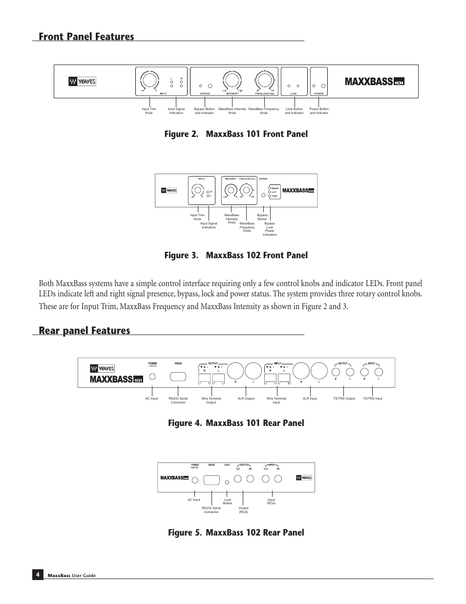 Front panel features, Rear panel features, Figure 2. maxxbass 101 front panel | Figure 4. maxxbass 101 rear panel, Figure 5. maxxbass 102 rear panel | Waves MaxxBass 102 User Manual | Page 8 / 18
