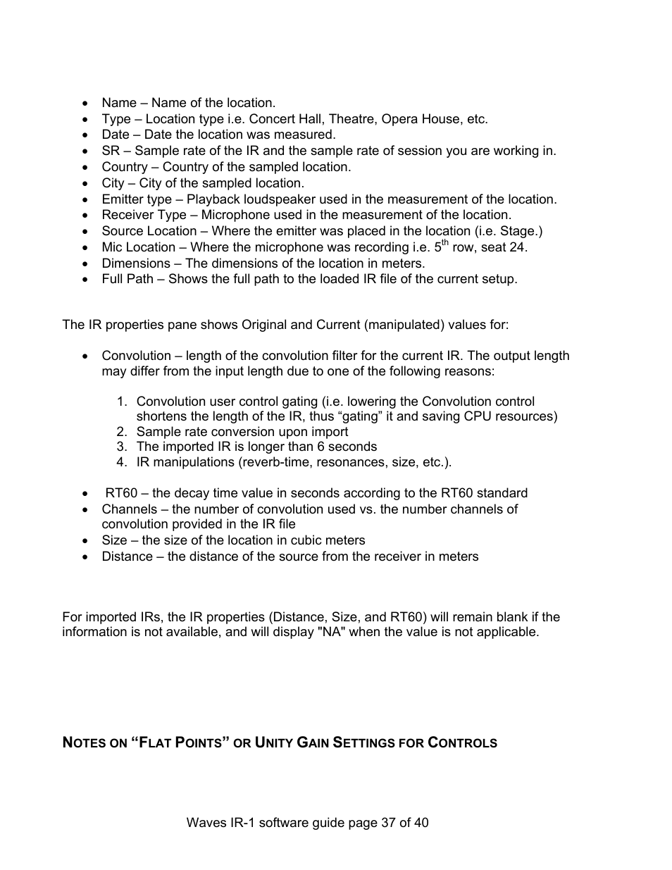 Notes on “flat points” or unity gain settings for | Waves Parametric Convolution Reverb IR-L User Manual | Page 37 / 40