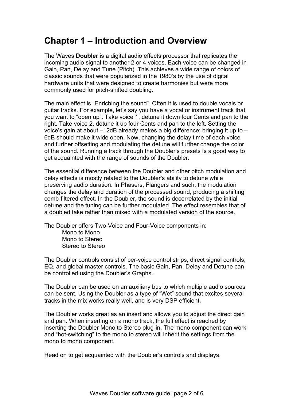 1 – introduction and overview, Chapter 1 – introduction and overview | Waves Digital Audio Effects Processor Doubler User Manual | Page 2 / 6
