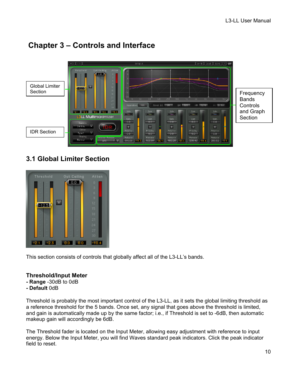 Chapter 3 – controls and interface, 1 global limiter section, Lobal | Imiter, Ection, Rface, Chapter 3 – controls and inte | Waves Multimaximizer L3-LL User Manual | Page 10 / 26