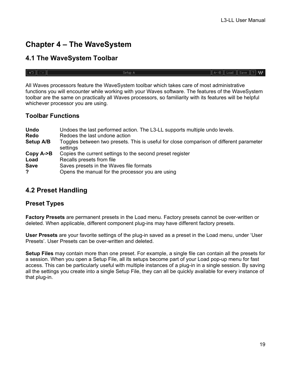 Chapter 4 – the wavesystem, 1 the wavesystem toolbar, Toolbar functions | 2 preset handling, Preset types, Ystem, Oolbar, Reset, Andling, Wavesystem | Waves Multimaximizer L3-LL User Manual | Page 19 / 26