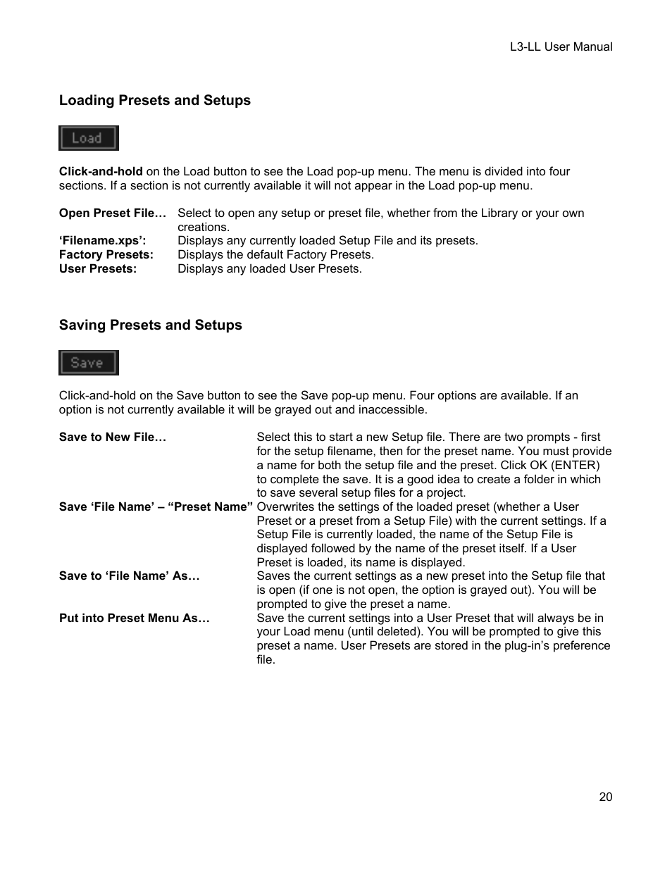 Loading presets and setups, Saving presets and setups | Waves Multimaximizer L3-LL User Manual | Page 20 / 26
