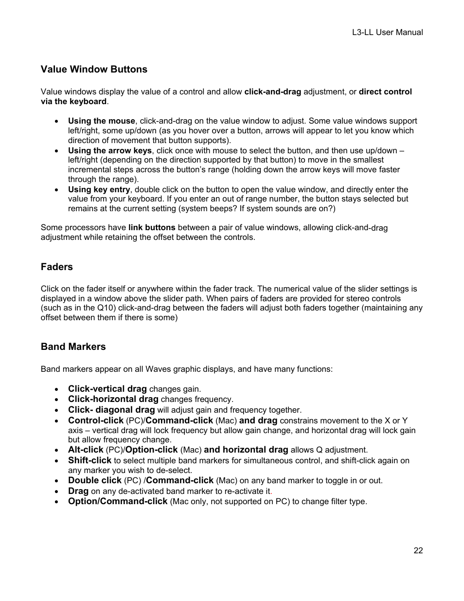 Value window buttons, Faders, Band markers | Waves Multimaximizer L3-LL User Manual | Page 22 / 26