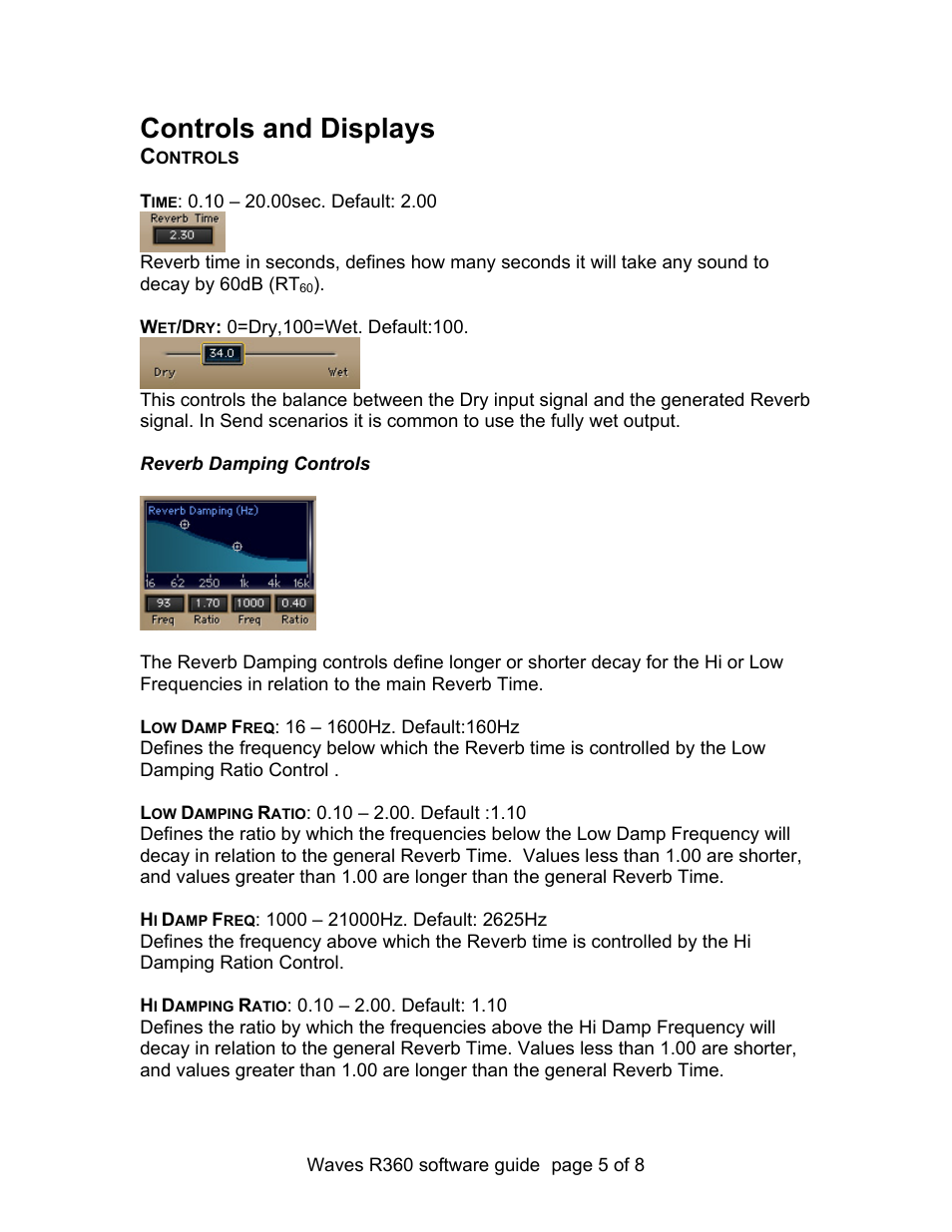 Controls and displays, Controls, Reverb damping controls | Waves Parametric Convolution Reverb IR-360 User Manual | Page 5 / 8