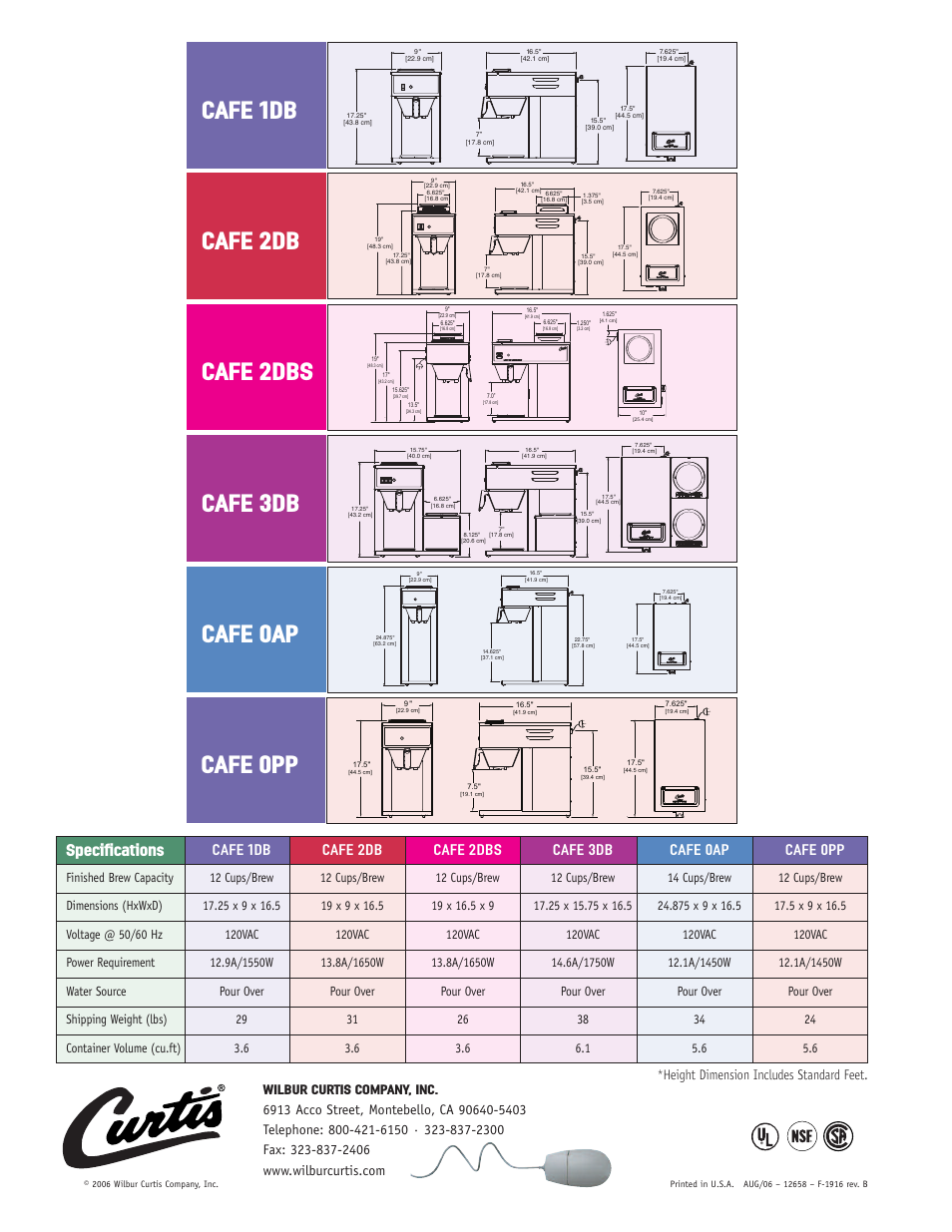 Cafe 0ap, Cafe 0pp, Cafe 1db | Cafe 2db, Cafe 2dbs, Cafe 3db, Specifications, Height dimension includes standard feet | Wibur Curtis Company CAFE 2DBS User Manual | Page 2 / 2