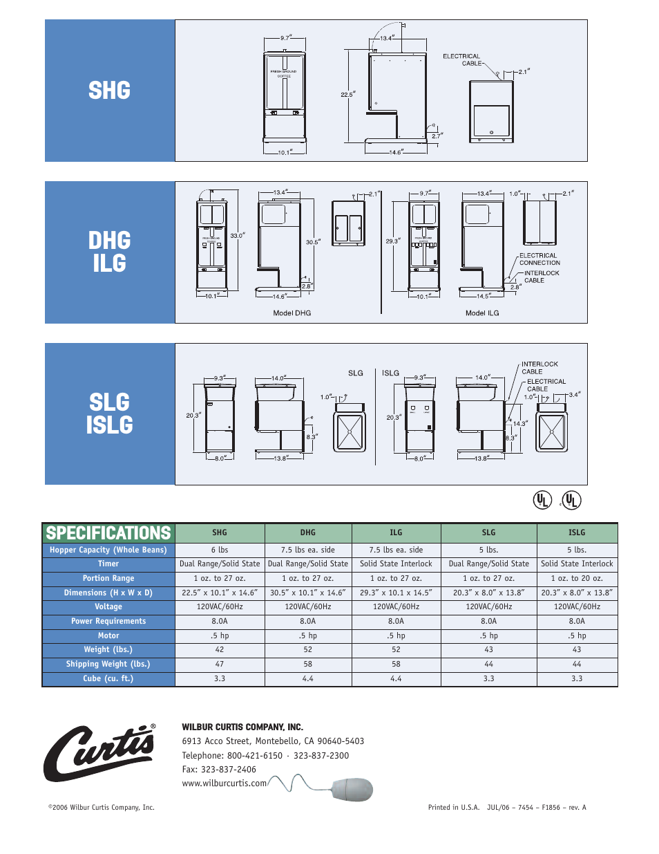 Shg dhg ilg slg islg, Specifications | Wibur Curtis Company ISLG User Manual | Page 2 / 2