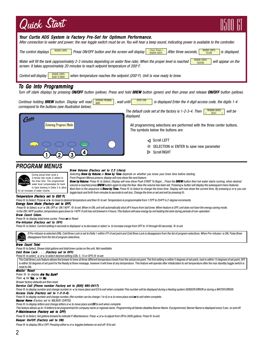 D500 gt quick start, Program menus 2 | Wibur Curtis Company D500GT User Manual | Page 2 / 4