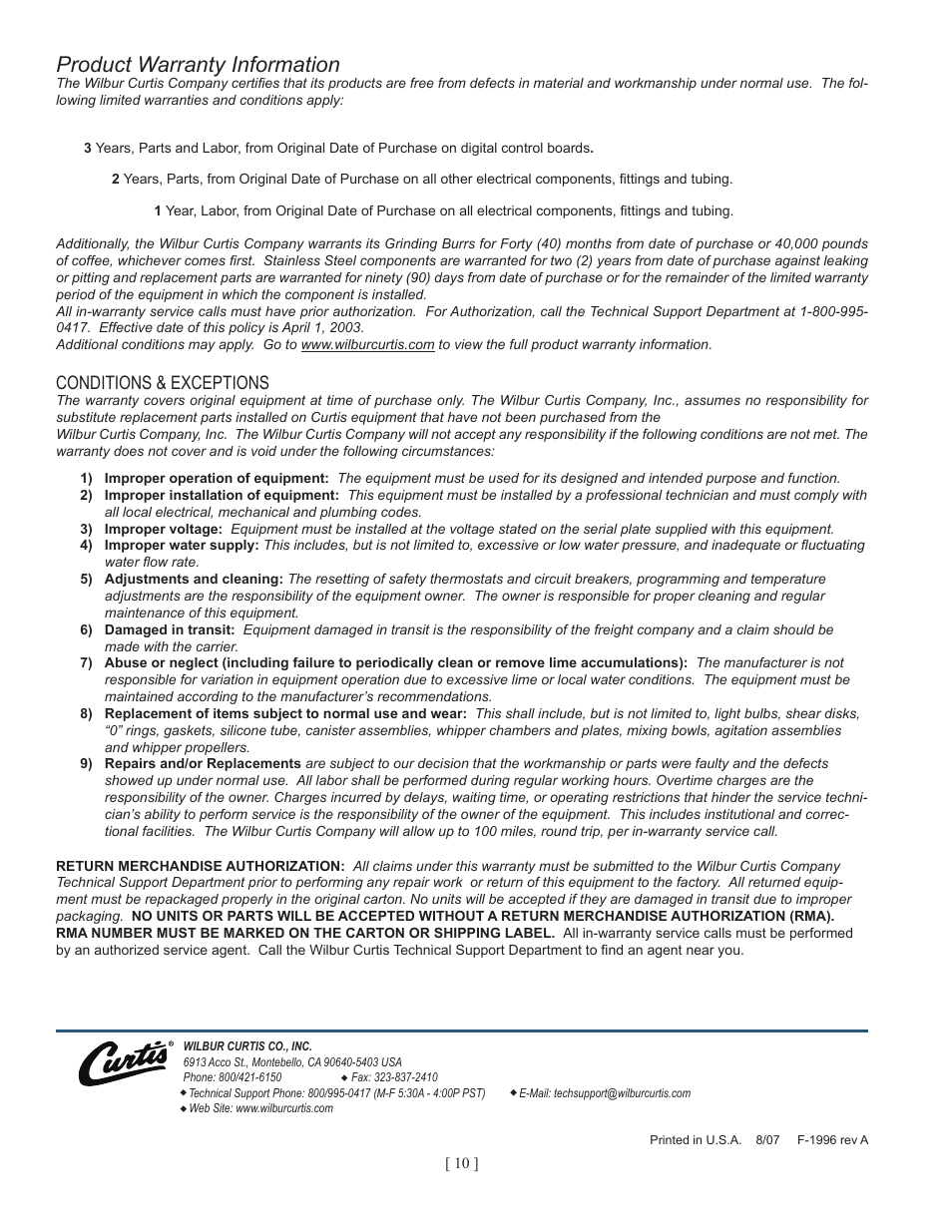 Product warranty information, Conditions & exceptions | Wibur Curtis Company C1000AP User Manual | Page 12 / 12