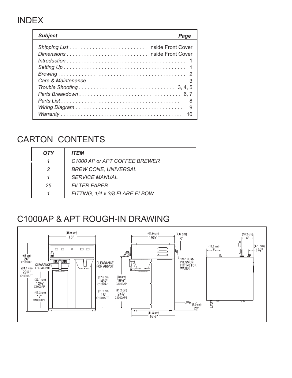 Carton contents c1000ap & apt rough-in drawing, Index | Wibur Curtis Company C1000AP User Manual | Page 2 / 12