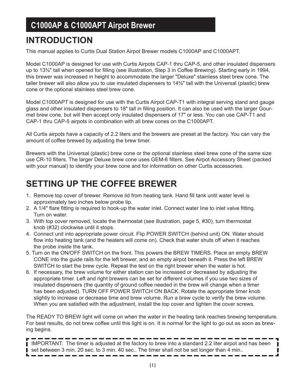 Setting up the coffee brewer | Wibur Curtis Company C1000AP User Manual | Page 3 / 12