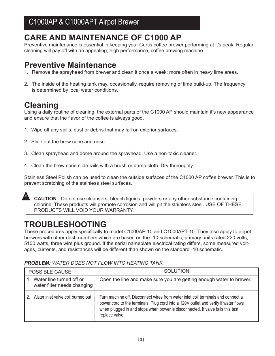 Care and maintenance of c1000 ap, Preventive maintenance, Cleaning | Troubleshooting | Wibur Curtis Company C1000AP User Manual | Page 5 / 12