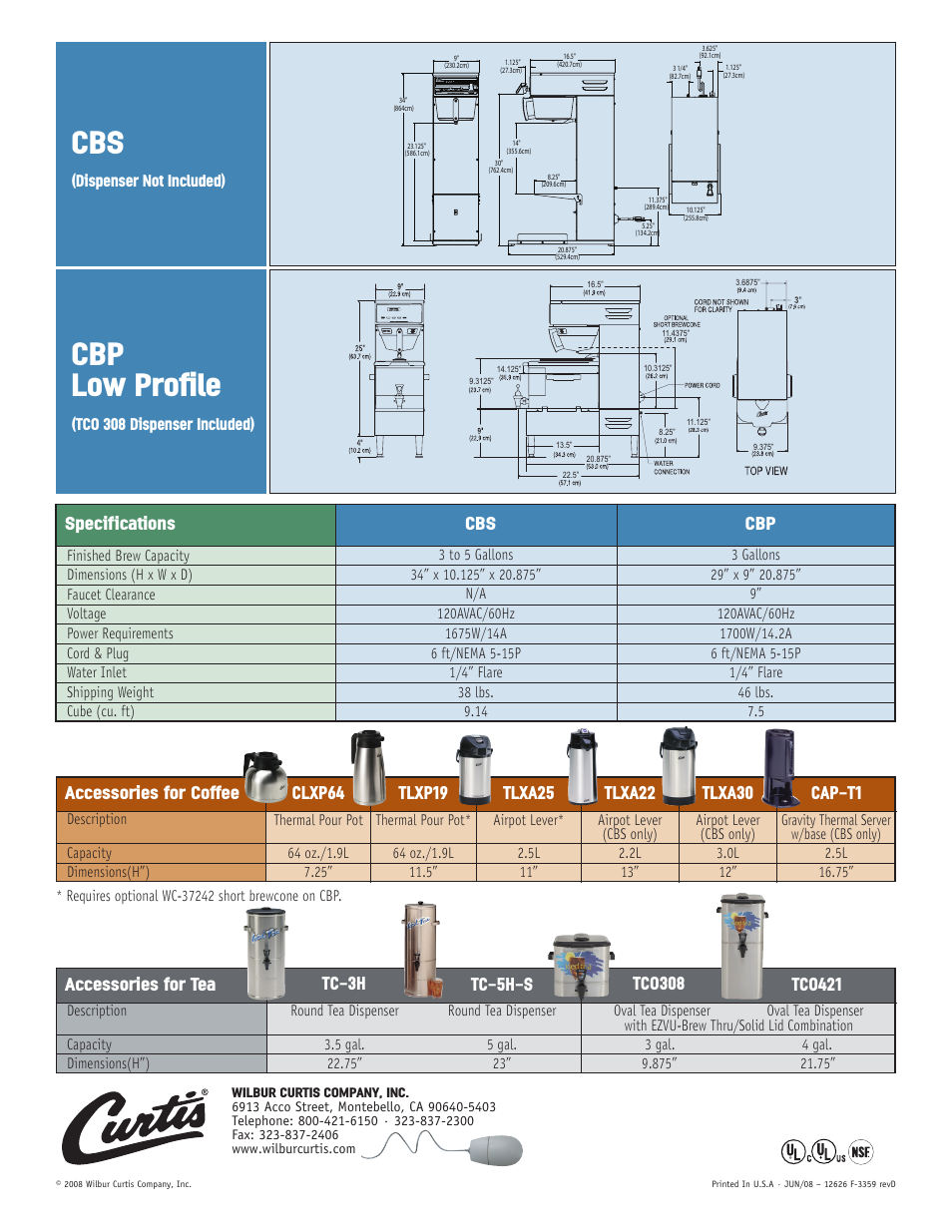 Cbp low profile, Specifications, Accessories for tea | Tc-3h tco421, Tc-5h-s tco308, Accessories for coffee, Dispenser not included), Tco 308 dispenser included) | Wibur Curtis Company CBS User Manual | Page 2 / 2
