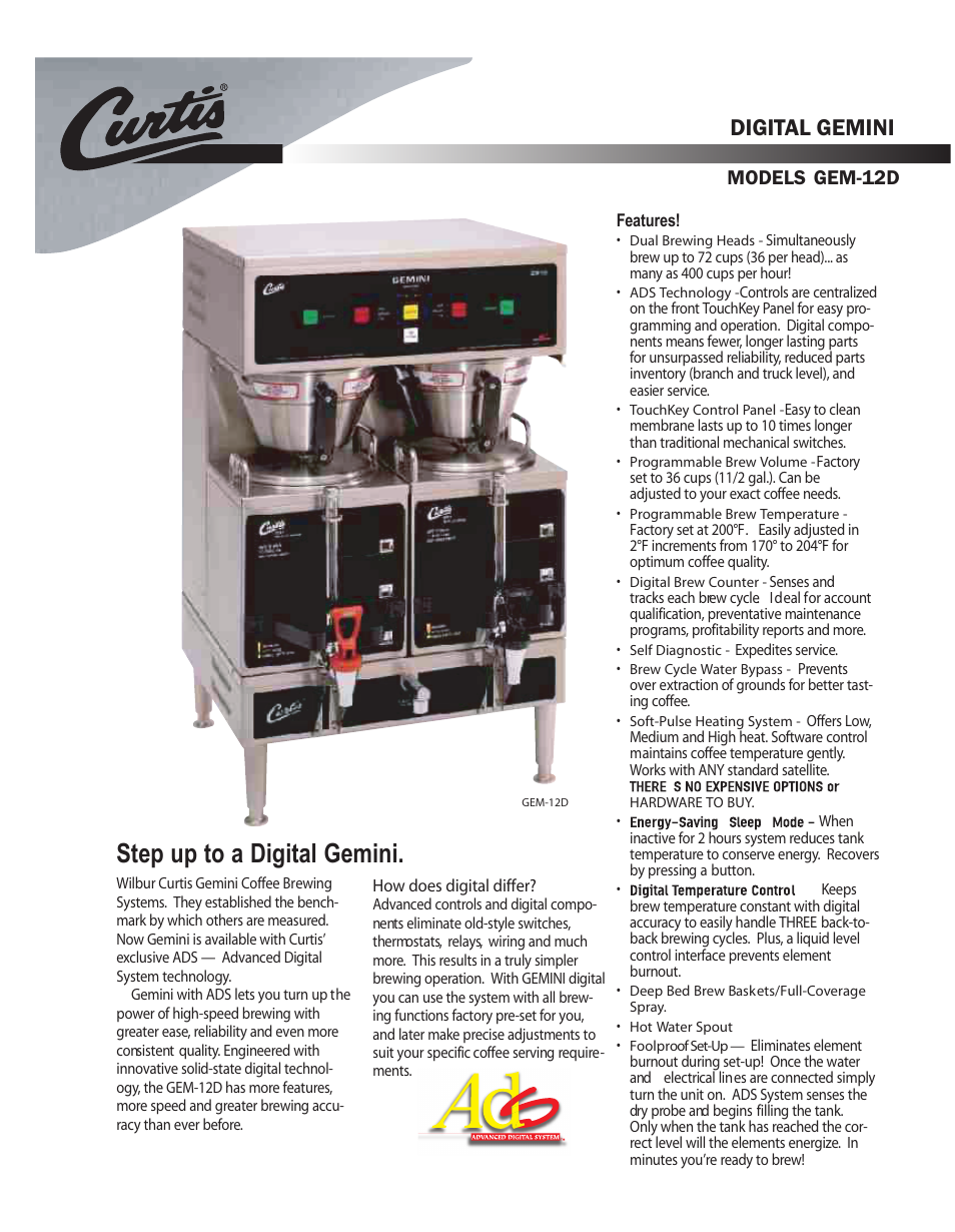 Wibur Curtis Company GEM-12D User Manual | 2 pages