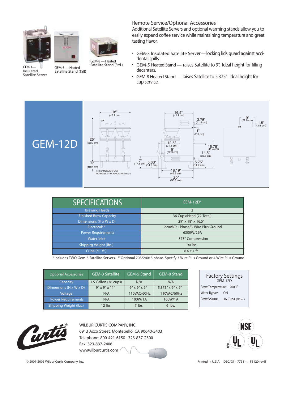 Gem-12d, Specifications, Remote service/optional accessories | Factory settings, Locking lids guard against acci- dental spills | Wibur Curtis Company GEM-12D User Manual | Page 2 / 2