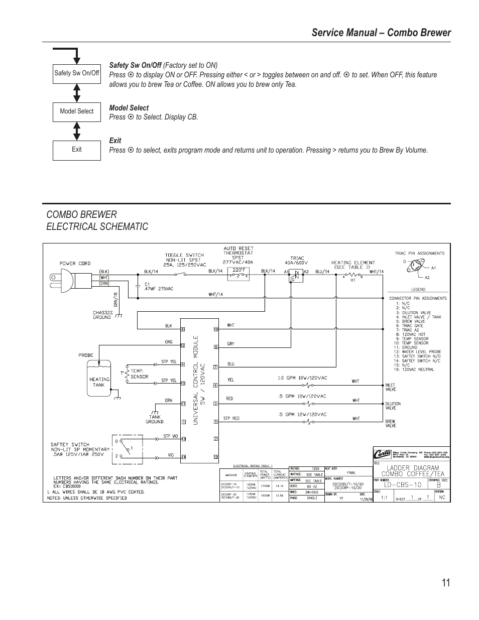 Service manual – combo brewer, Combo brewer electrical schematic | Wibur Curtis Company PTT3 User Manual | Page 11 / 16