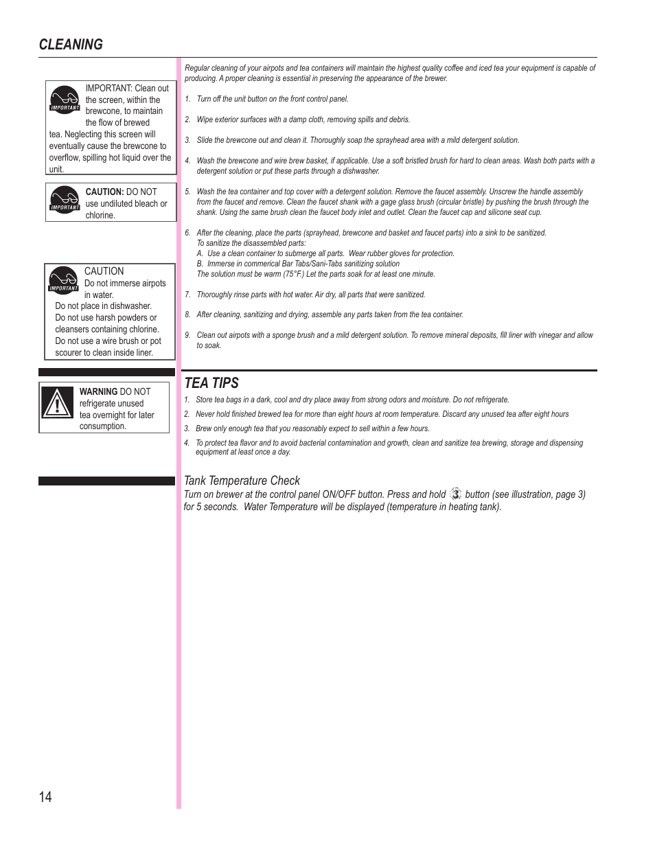Cleaning, Tea tips, Tank temperature check | Wibur Curtis Company PTT3 User Manual | Page 14 / 16