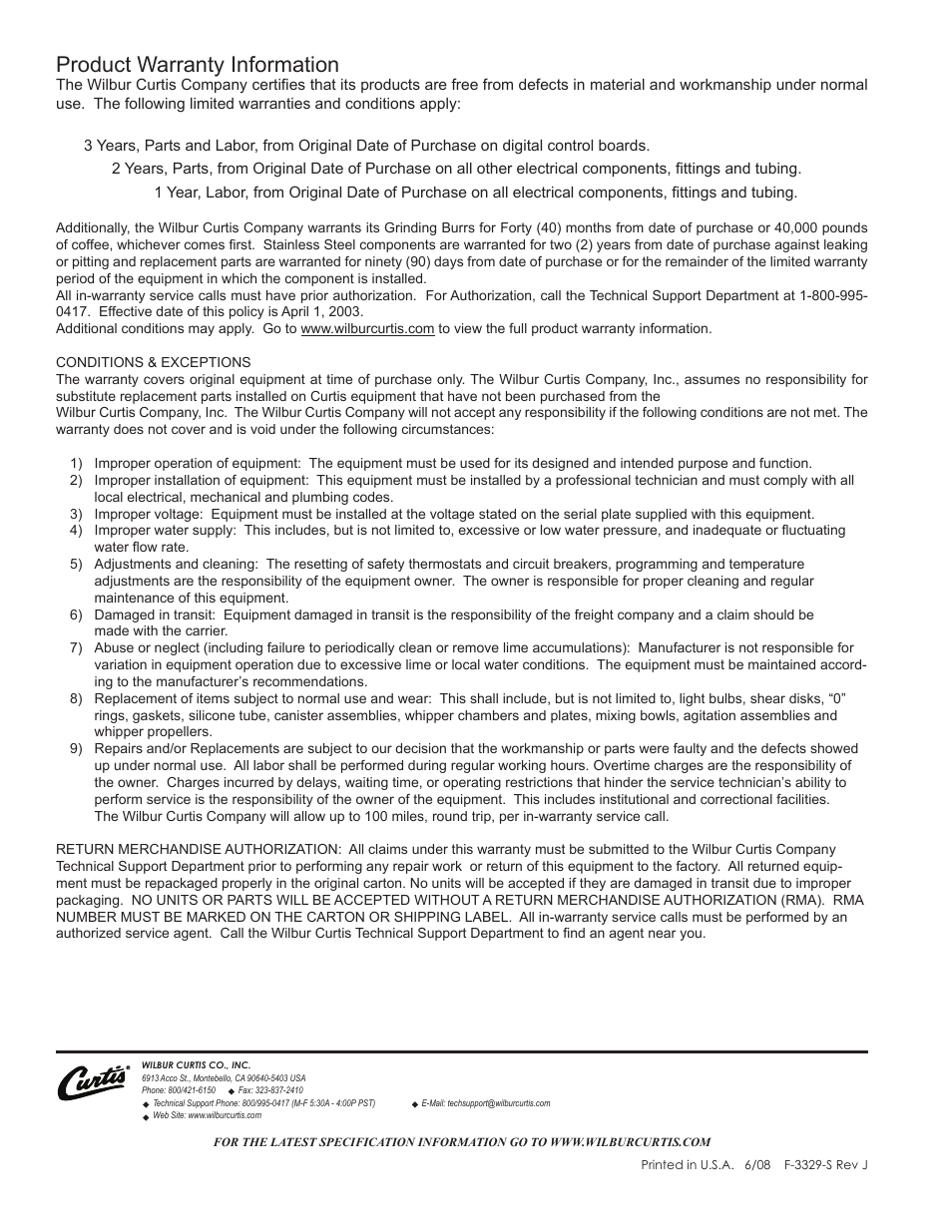 Product warranty information | Wibur Curtis Company PTT3 User Manual | Page 16 / 16