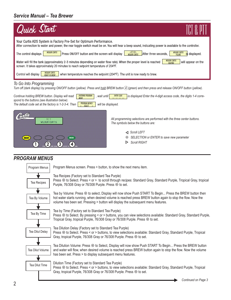 Program menus, Service manual – tea brewer | Wibur Curtis Company PTT3 User Manual | Page 2 / 16