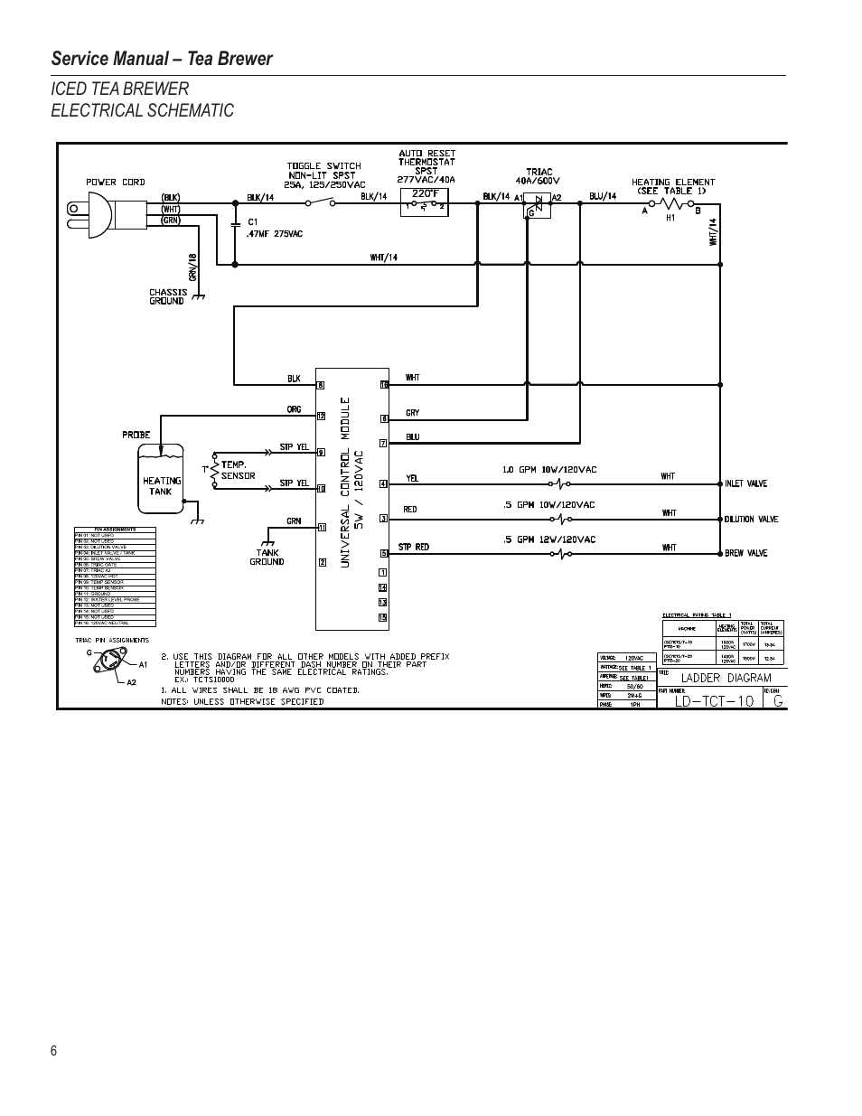Service manual – tea brewer, Iced tea brewer electrical schematic | Wibur Curtis Company PTT3 User Manual | Page 6 / 16