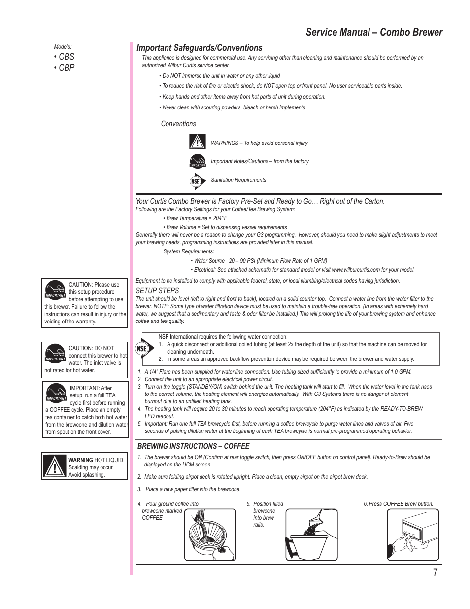 Service manual – combo brewer, Important safeguards/conventions, Cbs • cbp | Wibur Curtis Company PTT3 User Manual | Page 7 / 16