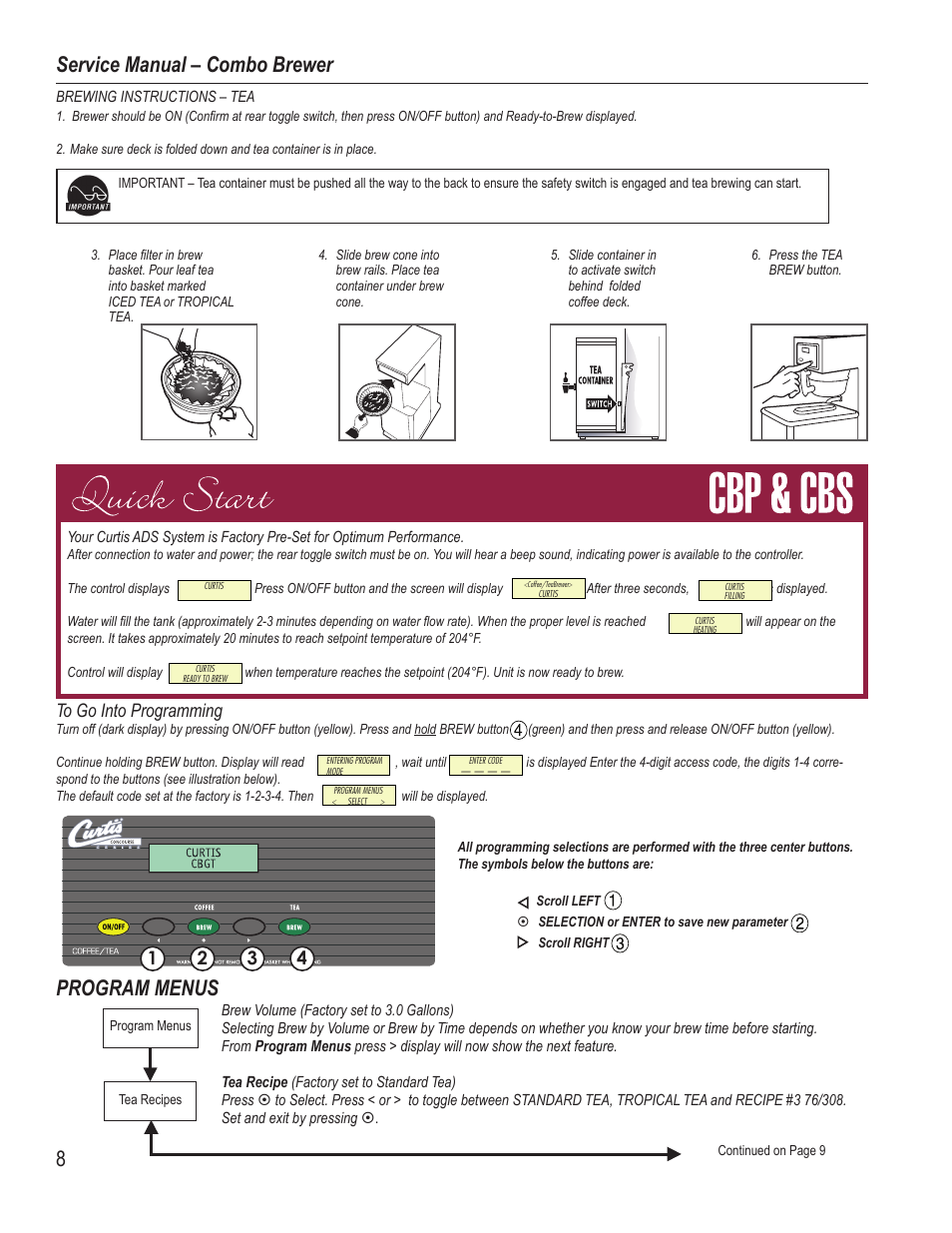 Program menus, Service manual – combo brewer | Wibur Curtis Company PTT3 User Manual | Page 8 / 16