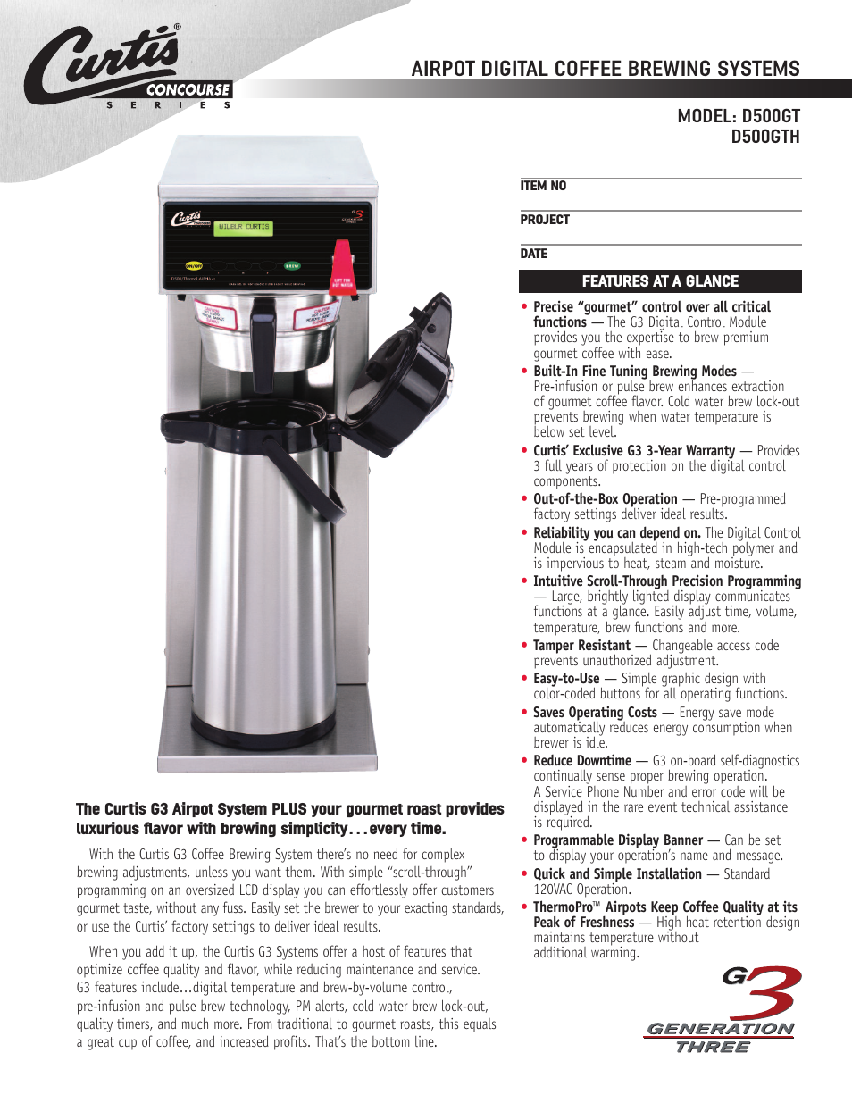 Wibur Curtis Company D500GTH User Manual | 2 pages