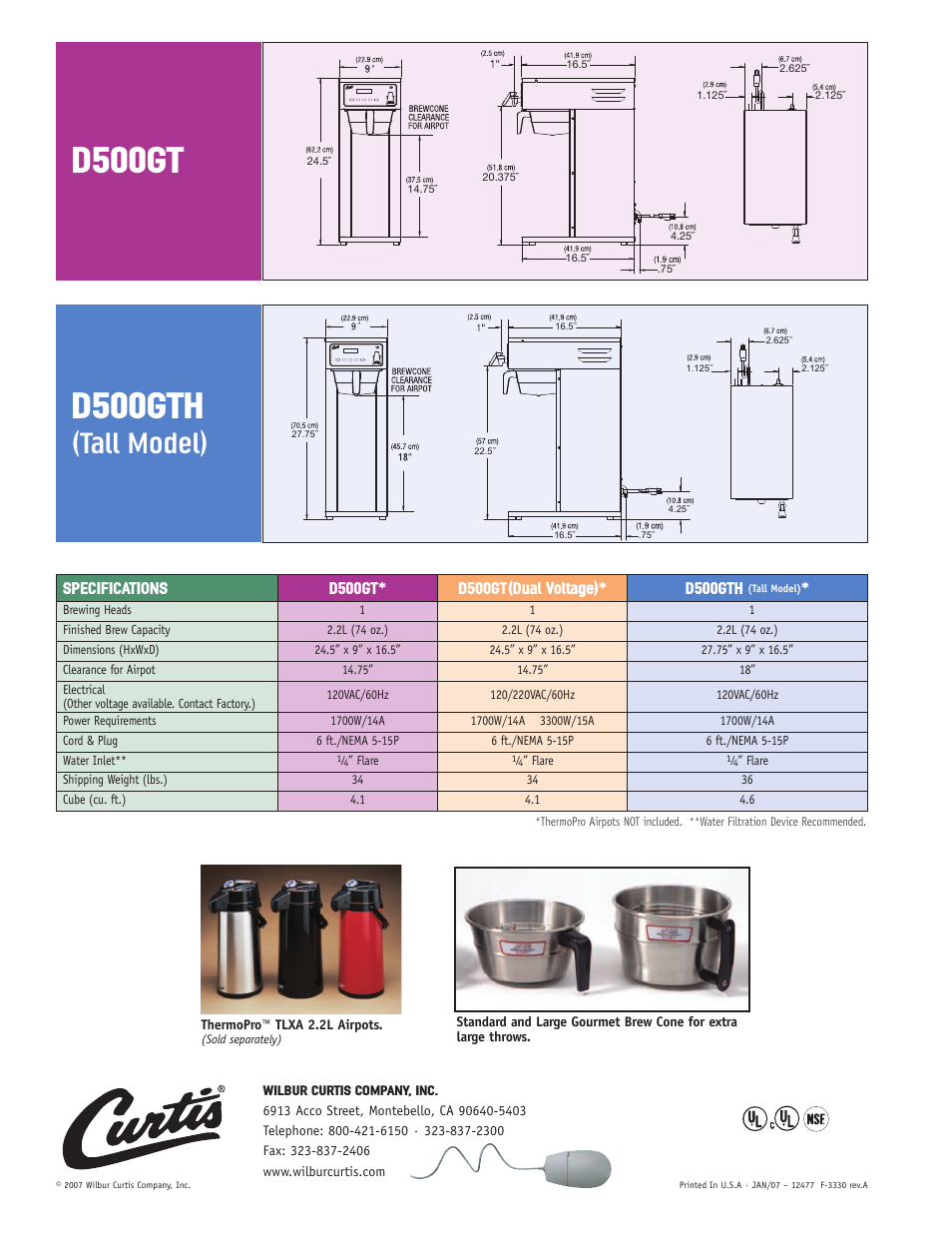Tall model) | Wibur Curtis Company D500GTH User Manual | Page 2 / 2