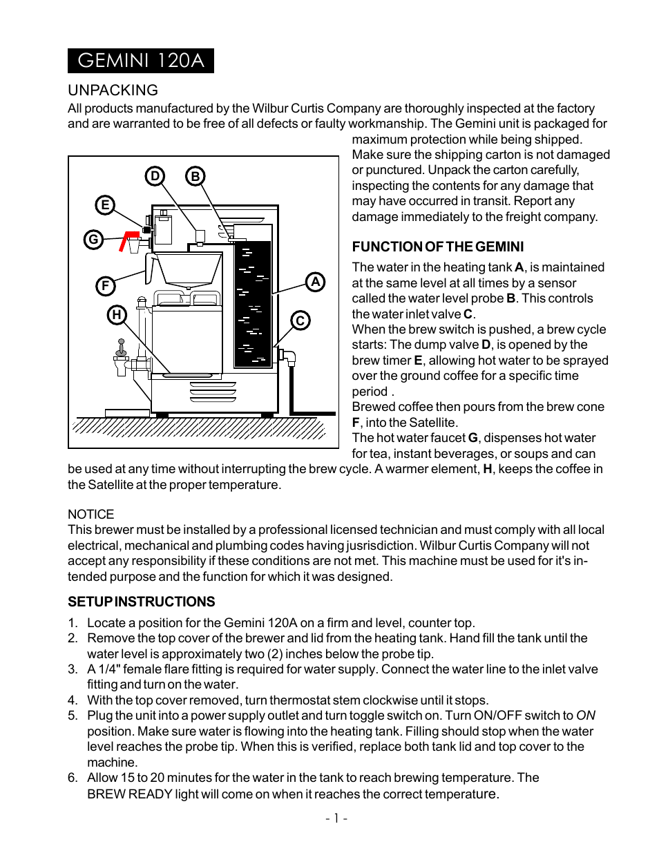 Gemini 120a, Unpacking | Wibur Curtis Company CA 90640 User Manual | Page 3 / 12