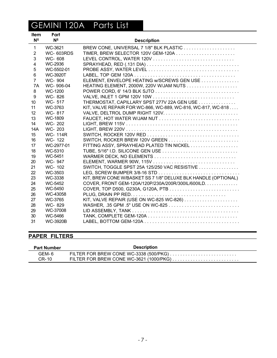 Gemini 120a parts list | Wibur Curtis Company CA 90640 User Manual | Page 9 / 12