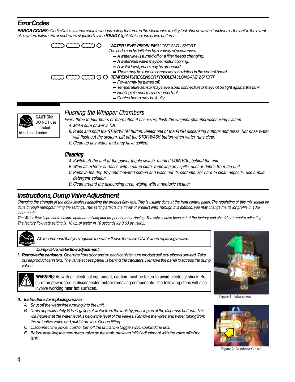 Instructions, dump valve adjustment, Error codes, Flushing the whipper chambers | Wibur Curtis Company SD2 User Manual | Page 4 / 8