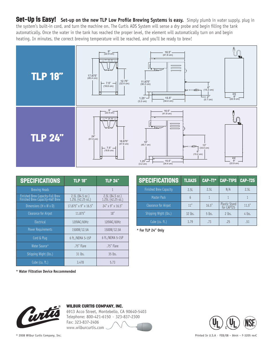 Tlp 18, Tlp 24, Set-up is easy | Specifications, Tlp 18” tlp 24, Tlxa25, Cap-t1, Cap-t1ps, Cap-t25 | Wibur Curtis Company TLP User Manual | Page 2 / 2