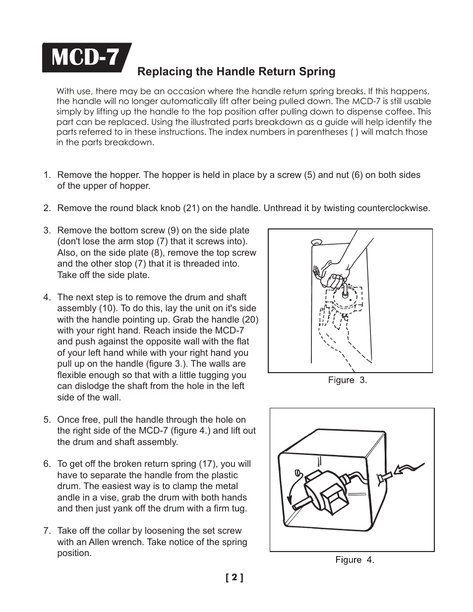 Replacing the handle return spring | Wibur Curtis Company MCD-7 User Manual | Page 3 / 6